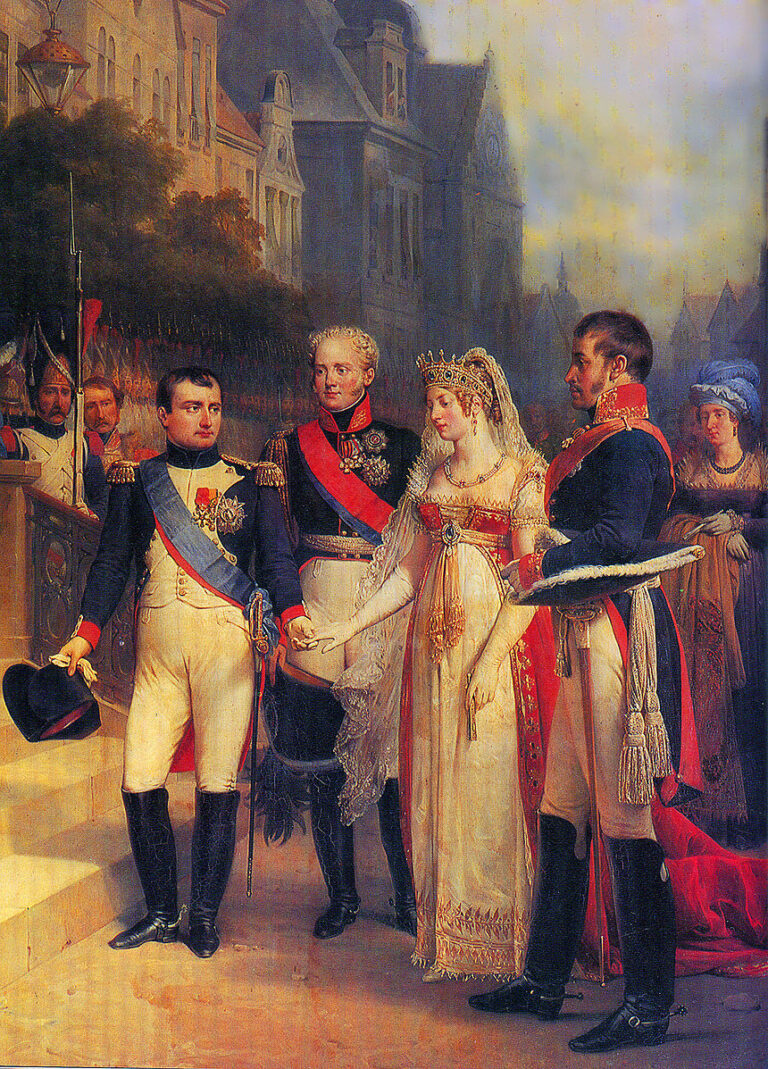 Napoleon, Alexander I. und Preußens König mit Frau in Tilsit 1807 (gemeinfrei)