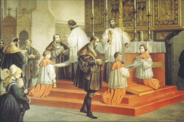 Herzog Albrecht empfängt in der Domkirche zu Königsberg zum ersten Mal das Abendmahl nach protestantischem Ritus. Aquarell von Ludwig Rosenfelder in der Hochmeisterkirche in Berlin-Wilmersdorf, um 1852 (c PAZ 4. 7. 2025)