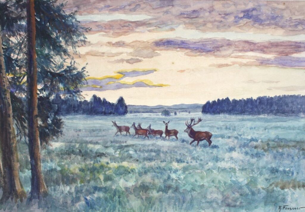 Reinhold Feussner, Hirschrudel in Rominter Heide am frühen Morgen, um1950 (c OL)