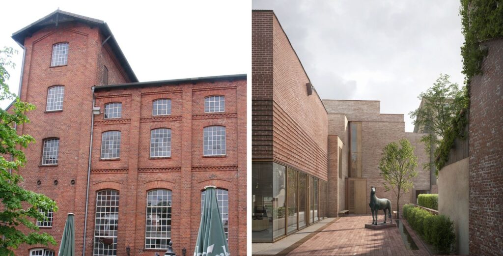 Links: Außenansicht Brauereimuseum (© OL); Rechts: Visualisierung des Kant-Erweiterungsbaus, Ansicht vom Museums-Innenhof; links das Foyer, hinten der Neubau (© Sunder-Plassmann & Partner GbR 2024)